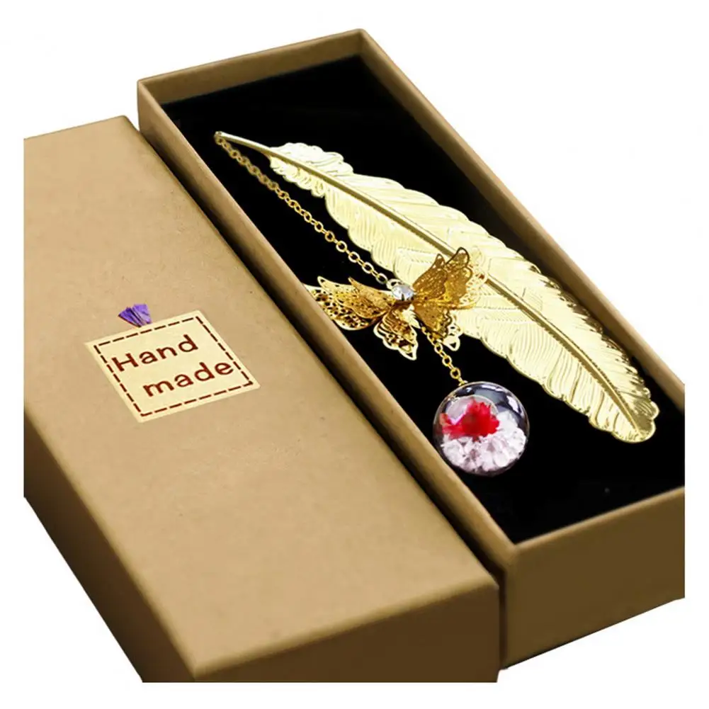Bookmark Vintage Metal Feather Bookmark 3D Butterfly Pendant Dried Flower Book Lovers Teachers Gift Book with Gift Box