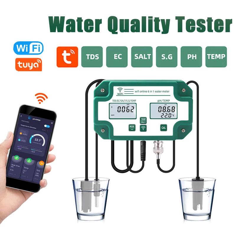 WiFi Smart Water Quality Monitor 6-in-1 Multifunction Digital PH Meter TDS/EC/SG/Salinity For Hydroponics Aquarium Swimming Pool