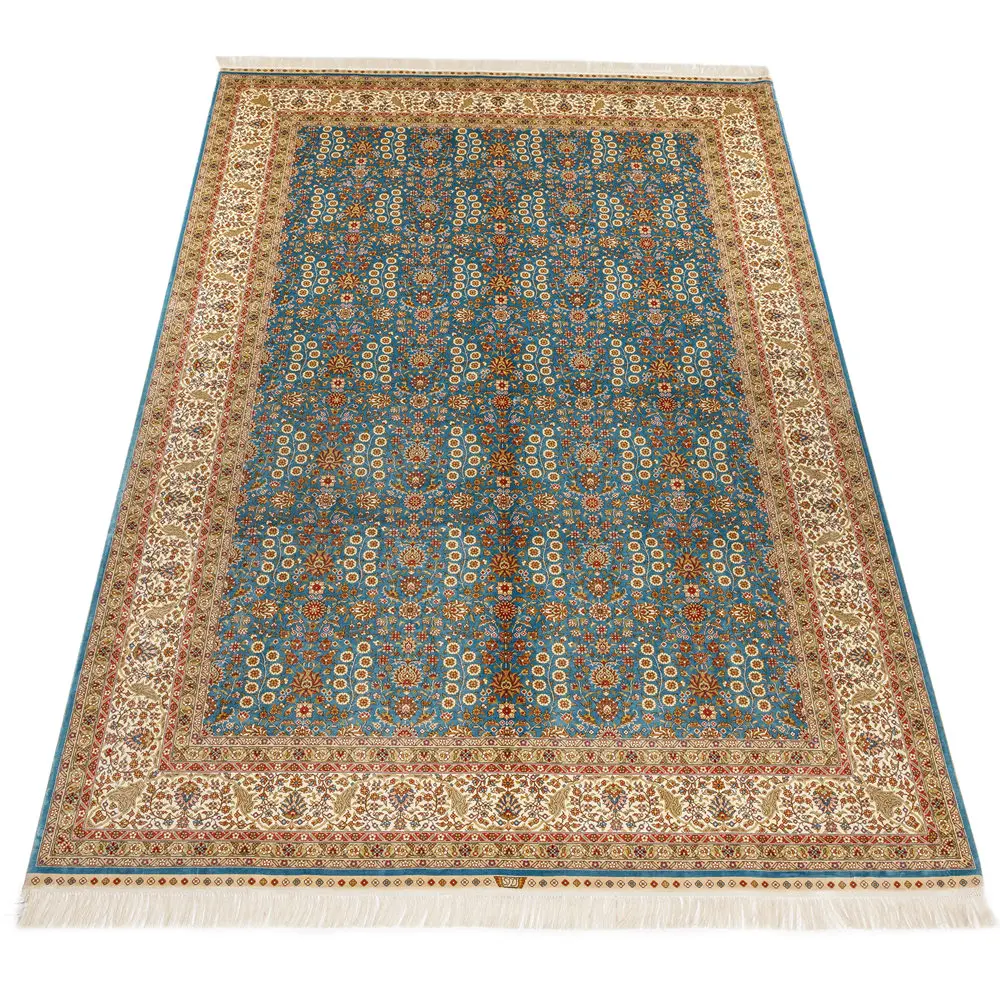 Factory Directly 6*9 ft Blue and Beige Floral Hand Knotted Persian Silk Carpet for Home Decor