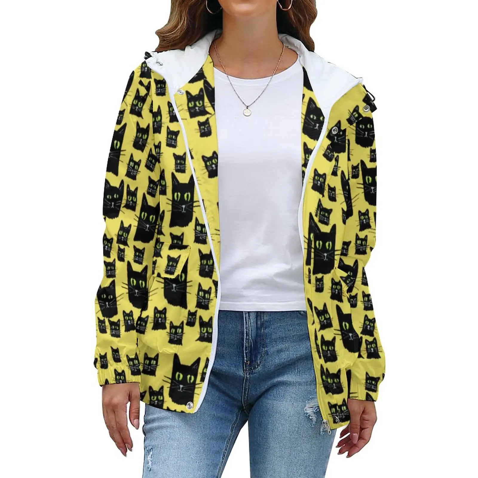 

Куртка женская повседневная с капюшоном и принтом в виде черной кошки