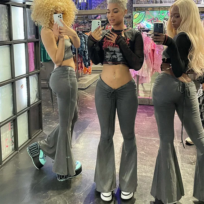 

Y2K Low Waist Flare Pants Women Drawstring Ruched Long Trousers Elastic Casual Streetwear Fashion Bandage Bottoms