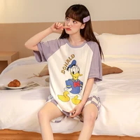 disney cartoon donald duck cotton pajamas set for women summer short sleeve tshirt and plaid shorts 2 pieces womens nightwear