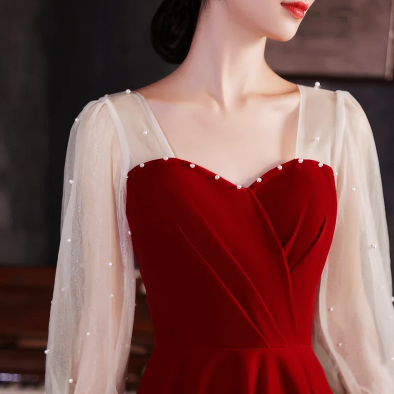 Женское кружевное платье с длинным рукавом Бордовое квадратным вырезом