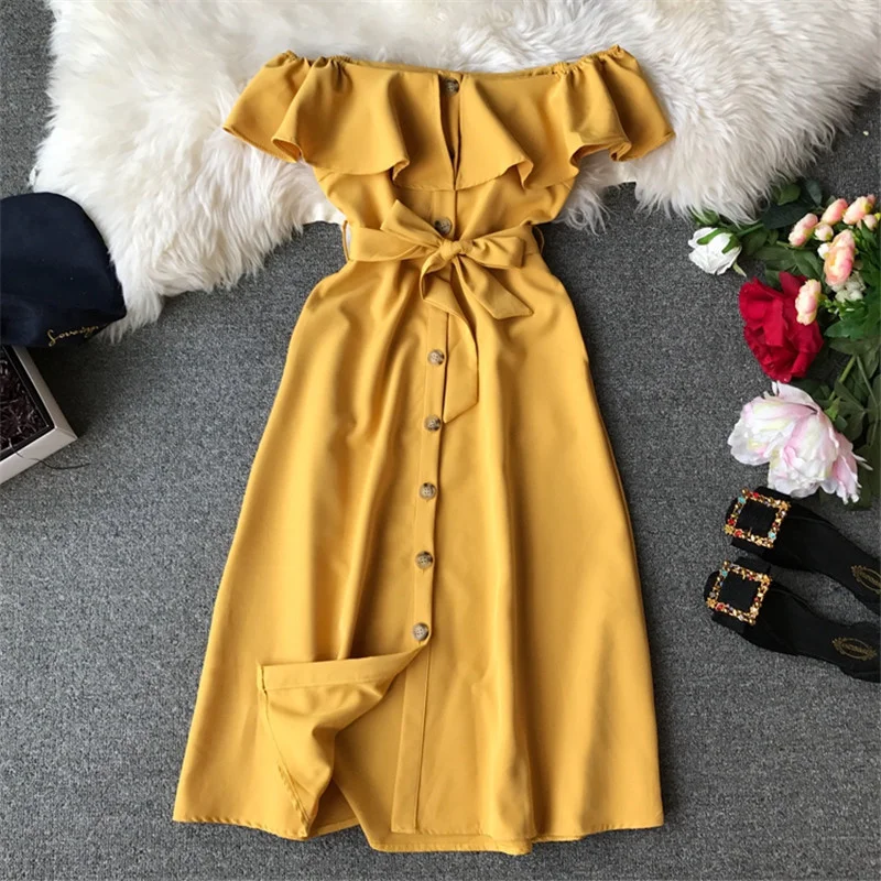 

Summer New Women Casual Beach Dress Vintage Elegant A-Line Midi Single-breasted With Belt Party Vestidos