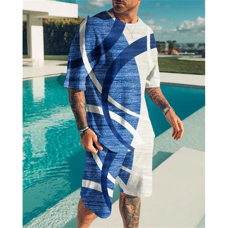 

Summer Men's Trend Suit Geometric Pattern Stitching 3D Printing Men's 2022 New T-shirt+Shorts Two-Piece Set Sportswear Suit