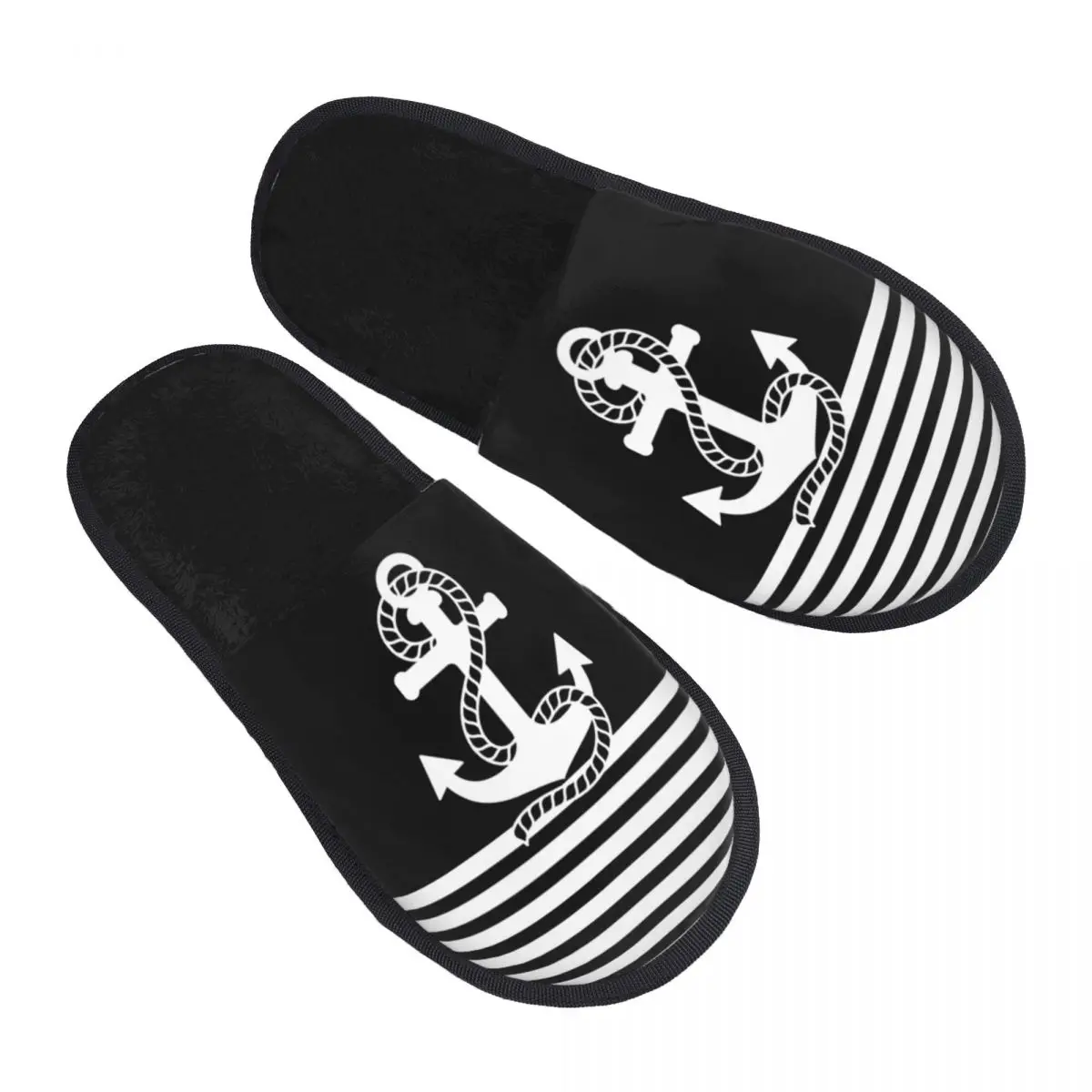 Custom Black White Nautical Stripes And Anchor Memory Foam Slippers Women Cozy Warm Sailing Sailor House