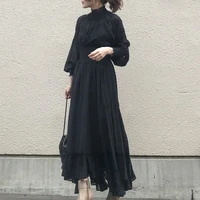 pleated long dress women summer 2022 korean fashion designer black elegant ruffles long sleeve office lady sweet maxi dresses