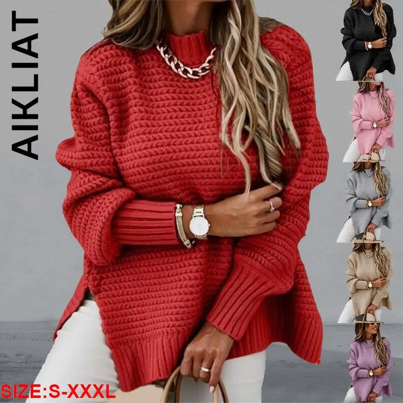 

Вязаный женский свитер Aikliat, модные стильные пуловеры, топ, Женские Простые винтажные свитера с круглым вырезом, Женская свободная одежда