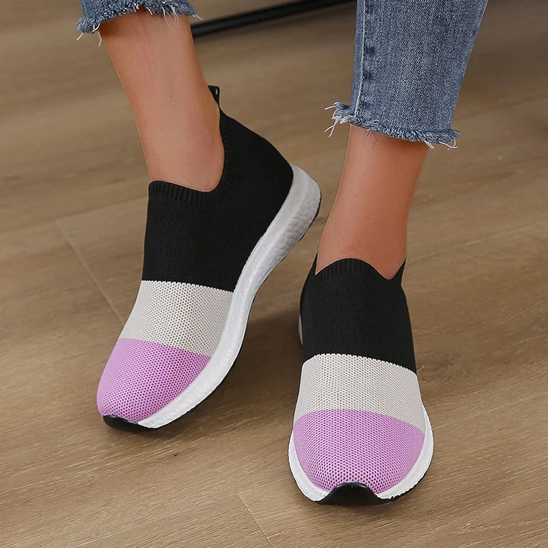 

New Women Casual Sneakers Stitching Fly Woven Mesh Flat Loafers Slip-on Comfortable Breathable Vulcanized Shoes Basquettes Femme