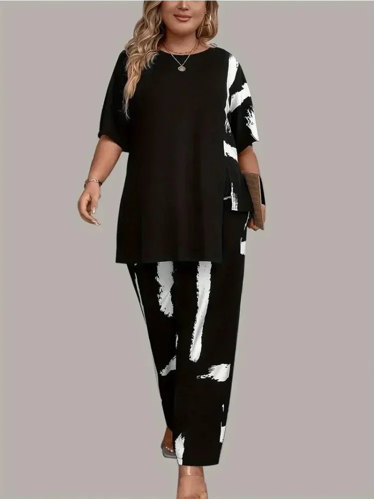 Женский элегантный топ с коротким рукавом и круглым вырезом подходящие брюки