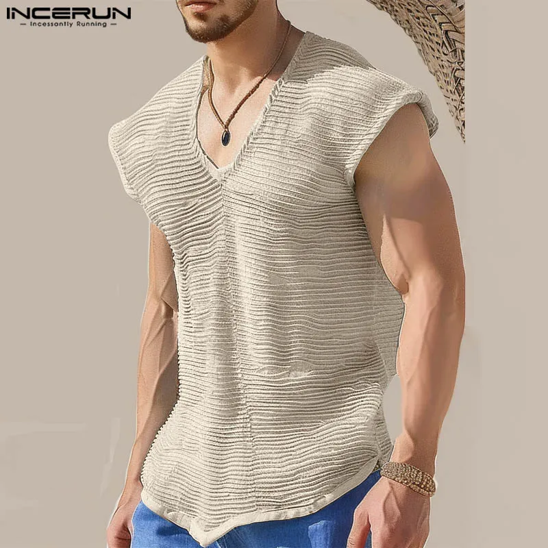 INCERUN Топы 2024 в американском стиле Новые Мужские Простые V-образные полосатые