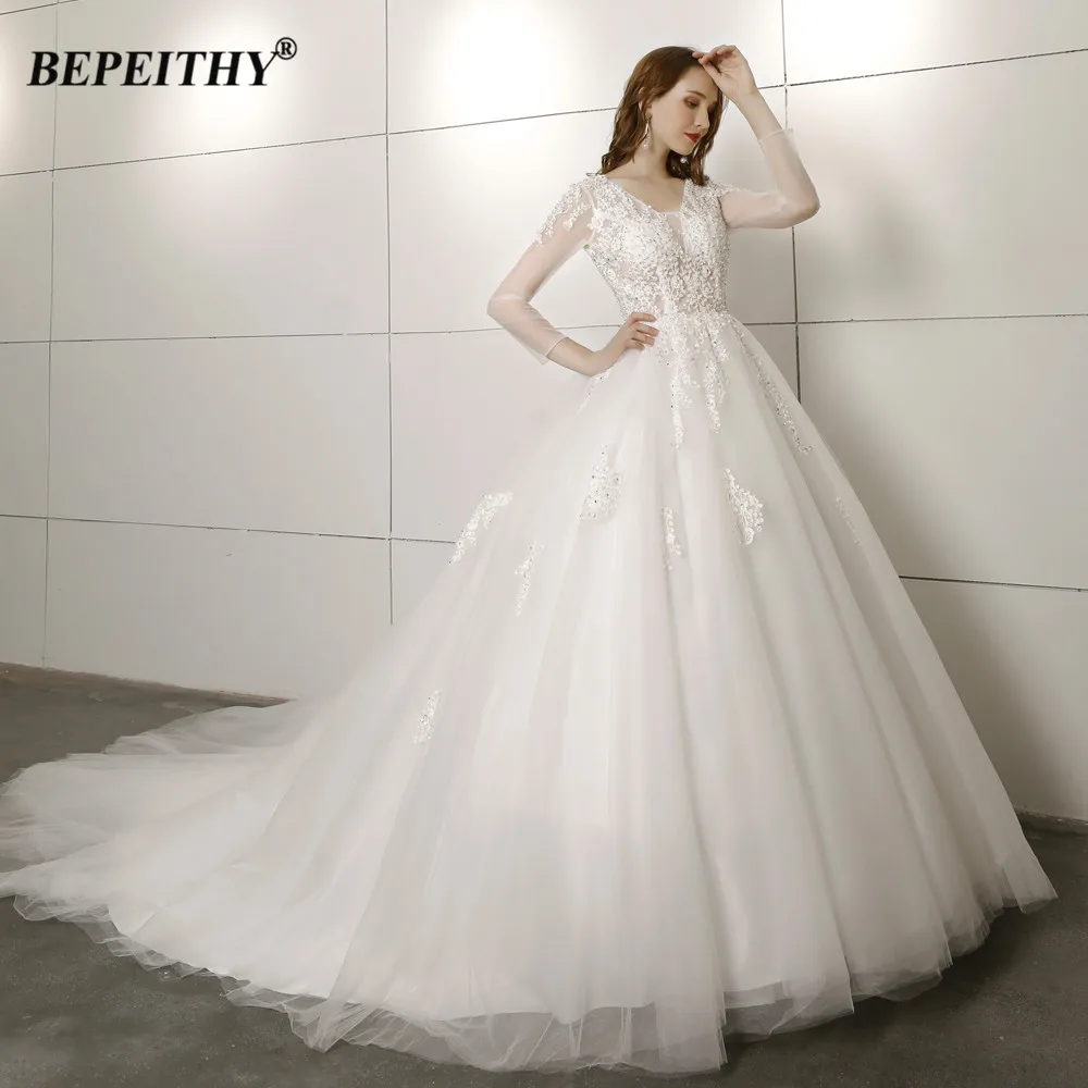 

BEPEITHY Long Sleeves Princess Wedding Dress For Women V Neck Court Train Lace Bridal Gowns Elegant A-Line Vestidos De Novia