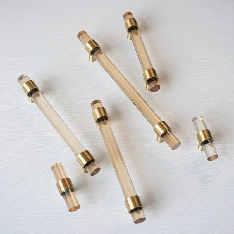 Champagne Transparent Hardware Door Handle Acrylic Kitchen Furniture Handles Wardrobe Drawer Knobs Golden Brass