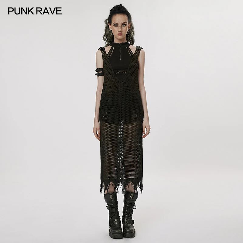 PUNKRAVE Women Dress Hollow Out Dress Punk Large V-neck Geometric Raw Edges Hem Vest Sexy Dress