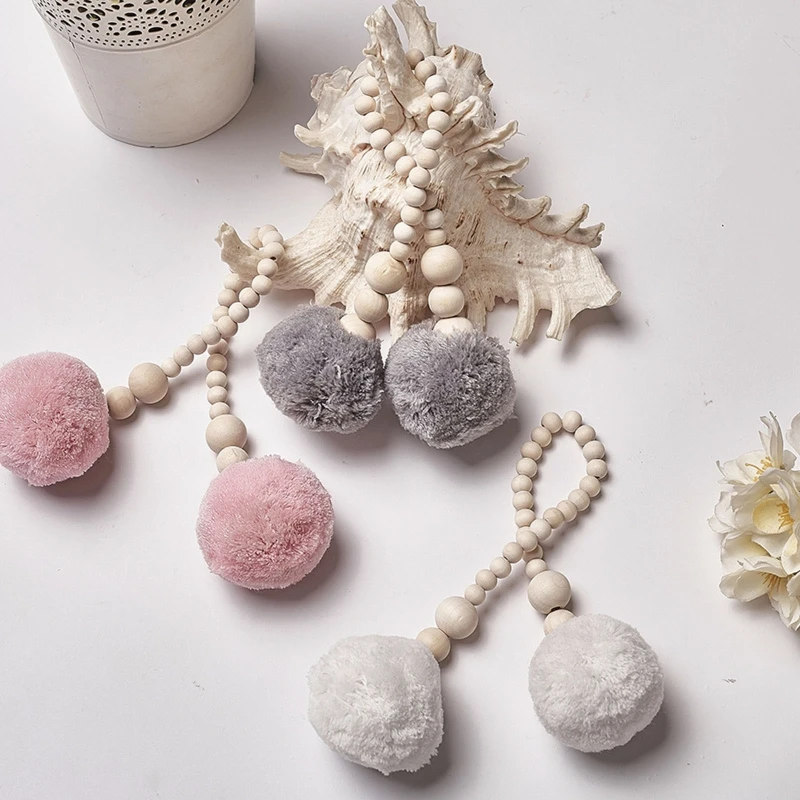 

Wood Bead Pedant with Fur Ball Farmhouse Beads Rustic Country Decor Wall Hanging Decoration DIY Room Party Ornament QX2D
