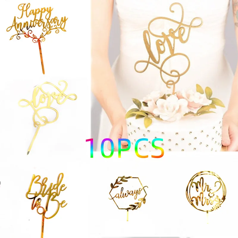 

10pcs/set Birthday Party Cake Toppers Decorations Gold Silver Acrylic Valentine's Day Wedding Cake Topper Gift Baking Supplies