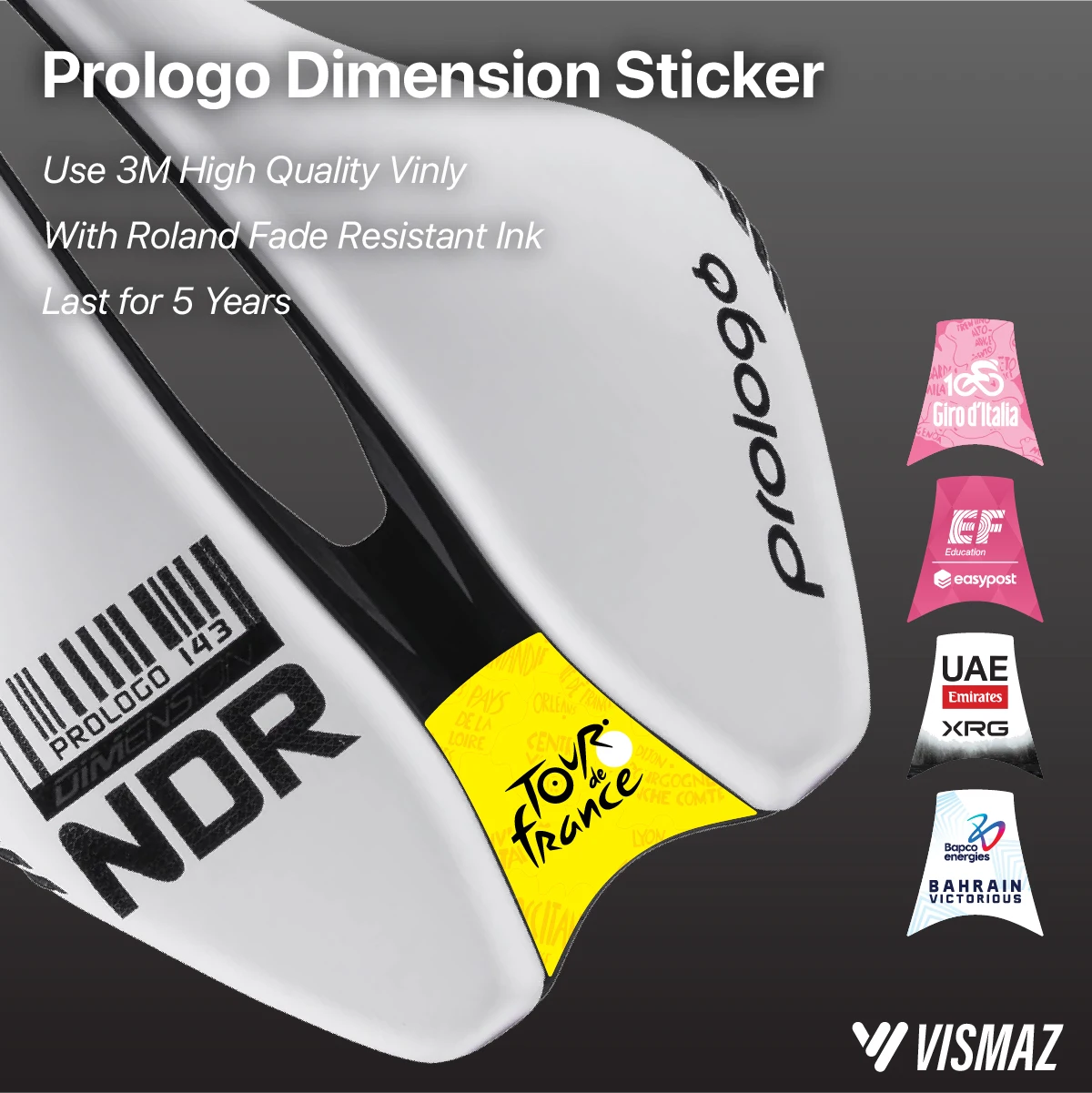 Фото Виниловая наклейка в стиле команды Vismaz World Tour для сідла Prologo Dimension, сиденье шоссейного велосипеда, водонепроницаемая и устойчивая к ультрафиолетовому излучению №1