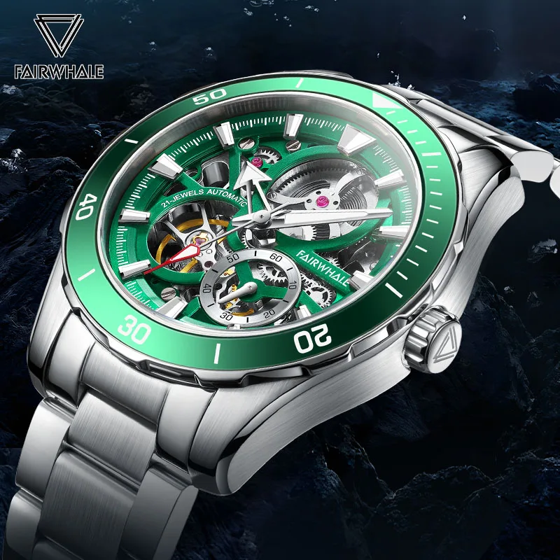 Mark Fairwhale Luxury Automatic Wrist Watch Mens Fashion Hollow Tourbillon Stainless steel Waterproof Green Mechanical Watch Man