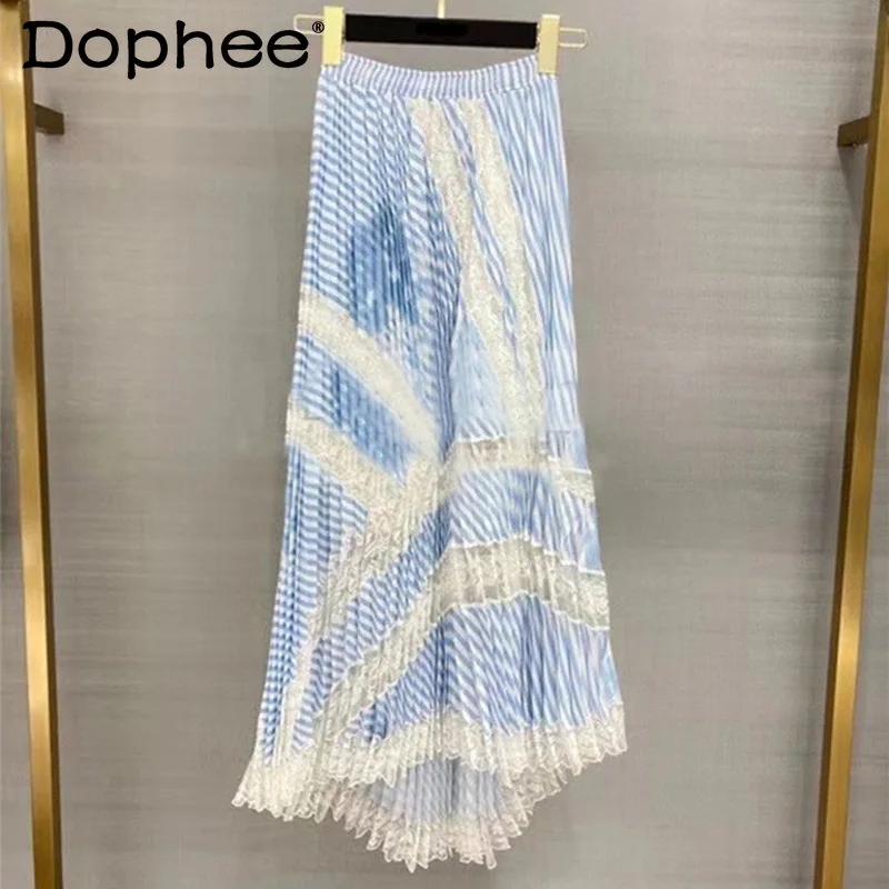 

2022 Summer New Striped Lace Stitching Pleated Skirt Women Elastic High Waist Irregular Maxi Skirt Sweet Seaside Vacation Skirts
