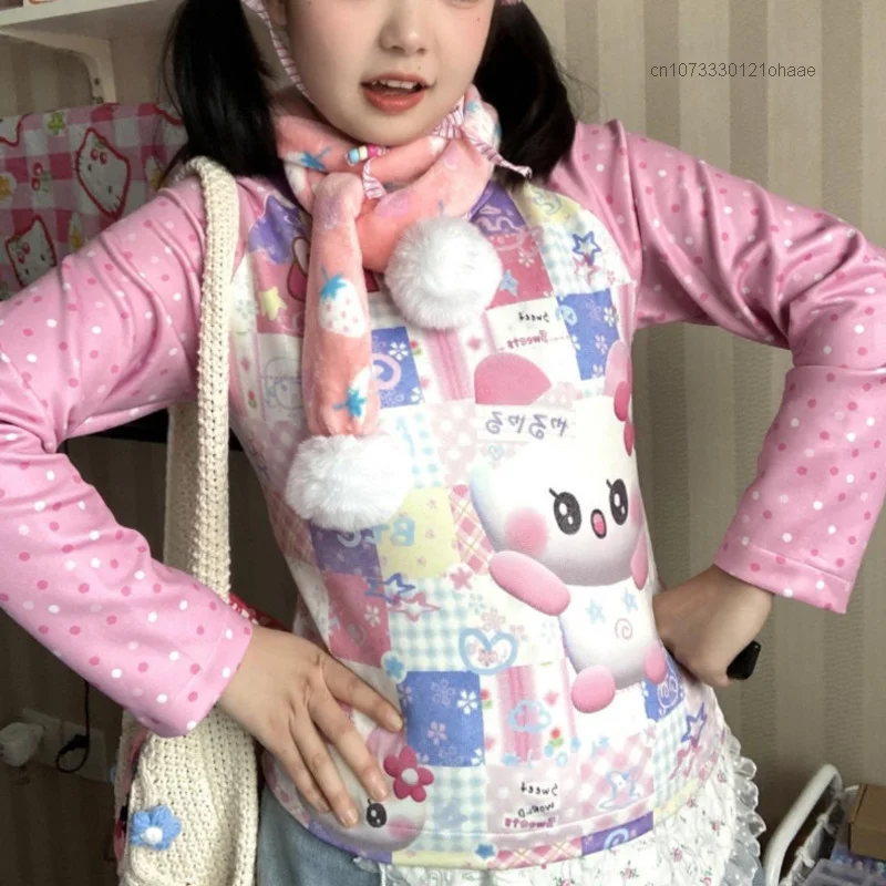 Футболка женская с длинным рукавом милый топ контрастных цветов принтом