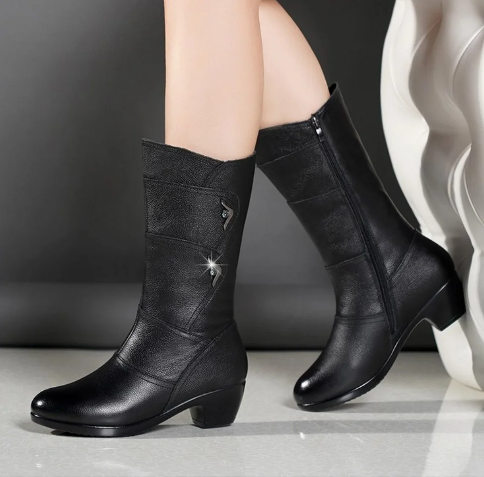 

Зимние женские сапоги, женская обувь из мягкой кожи, женские сапоги до середины икры на массивном каблуке, шерстяные теплые водонепроницаем...