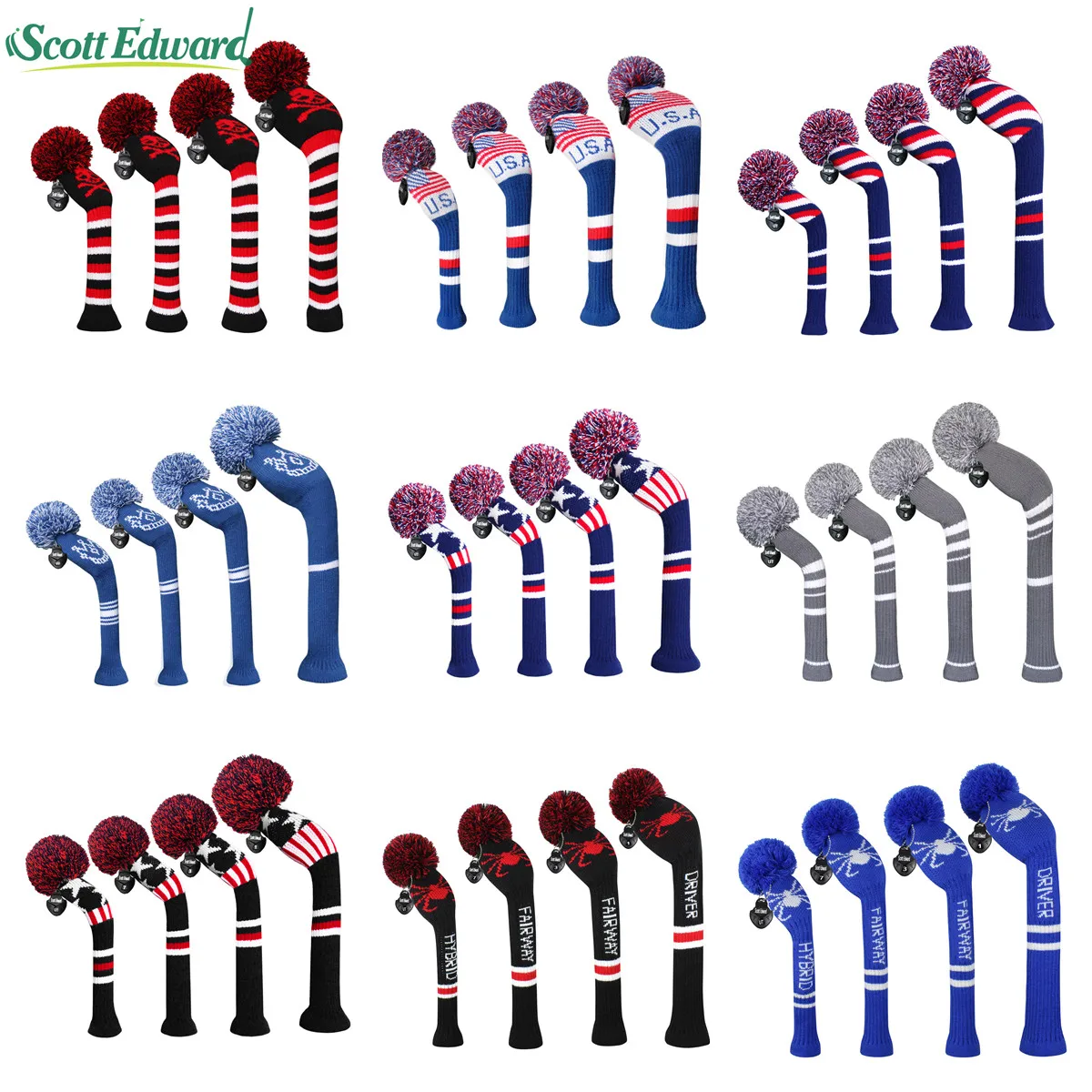 4pcs New Golf Knitted Pom-pom Woods Headcovers,wood for Driver Fairway Hybrid,1 3 5 Golf Wood with Red/Blue/Gray