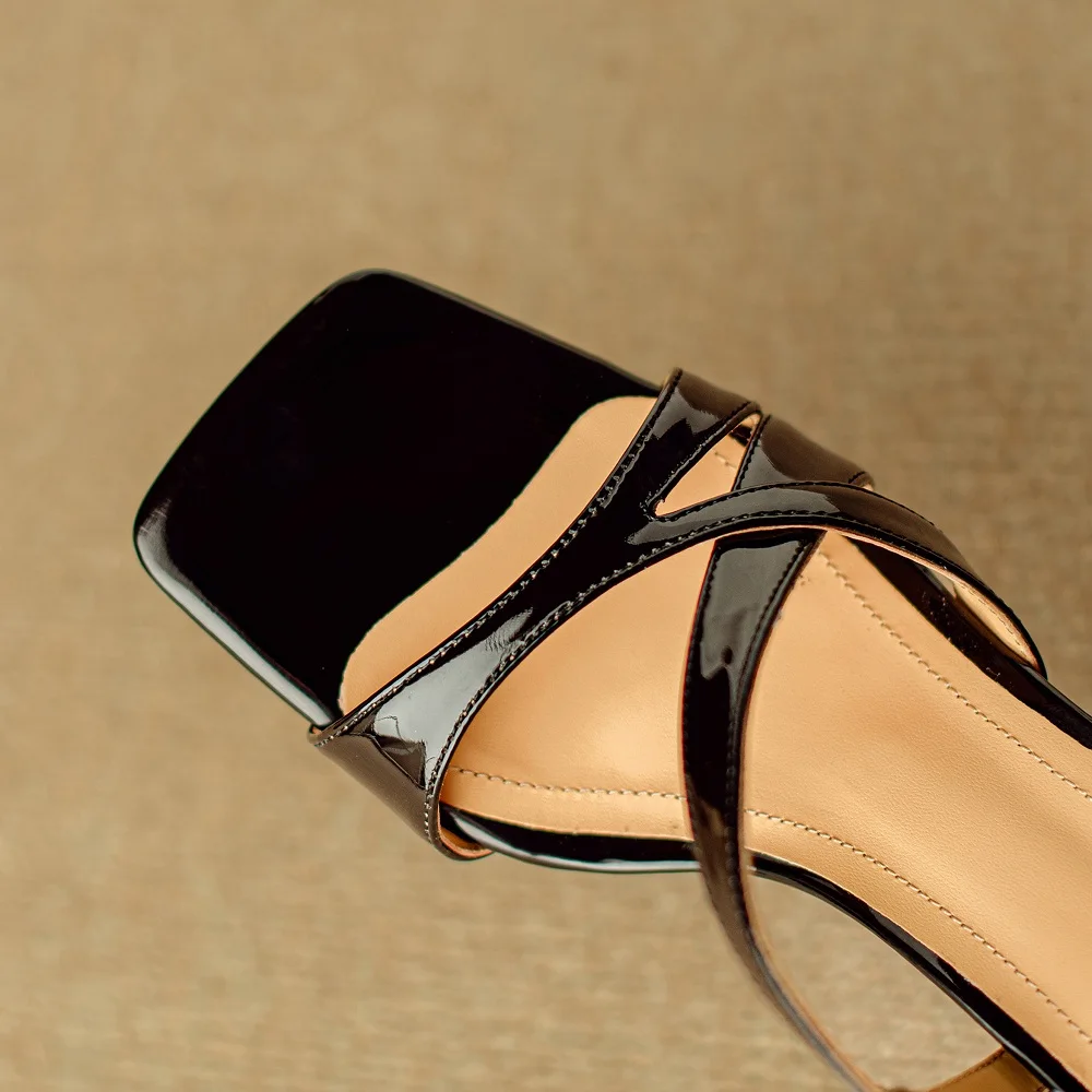 [EUNICE yun】летние новые стильные сандалии из натуральной кожи на высоком каблуке с