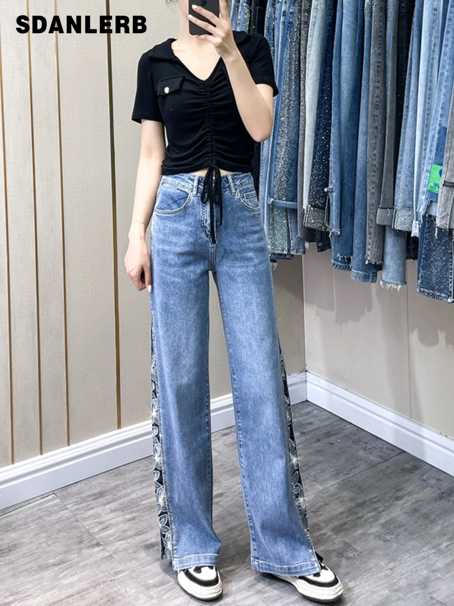 

Hollow-out Crocheted Rhinestone Wide-Leg Jeans for Women 2022 Summer New Denim Pants Fashion Thin European Goods Mop Trousers