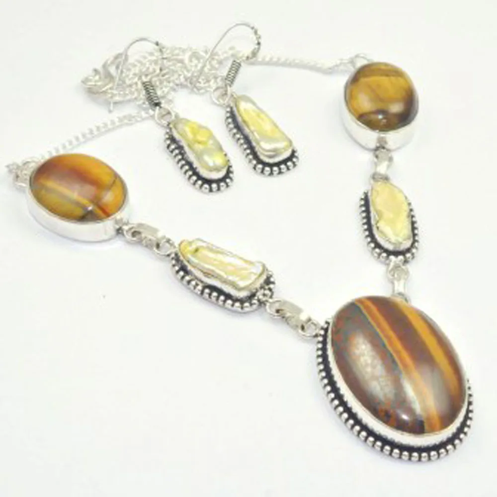 

Tiger Eye & Biwa Pearls Necklace + Earing Silverss Overlay over Copper, 49.5cm , N3195