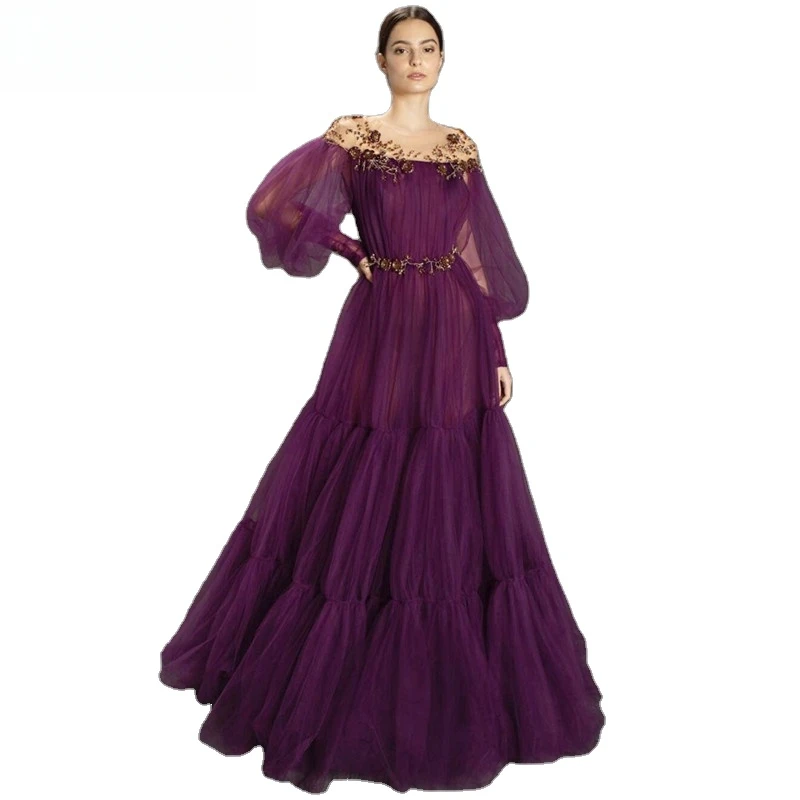 

Purple O neck Puff Long Sleeves Evening Dresses Customized Simple Tulle Formal Party Gowns For Women