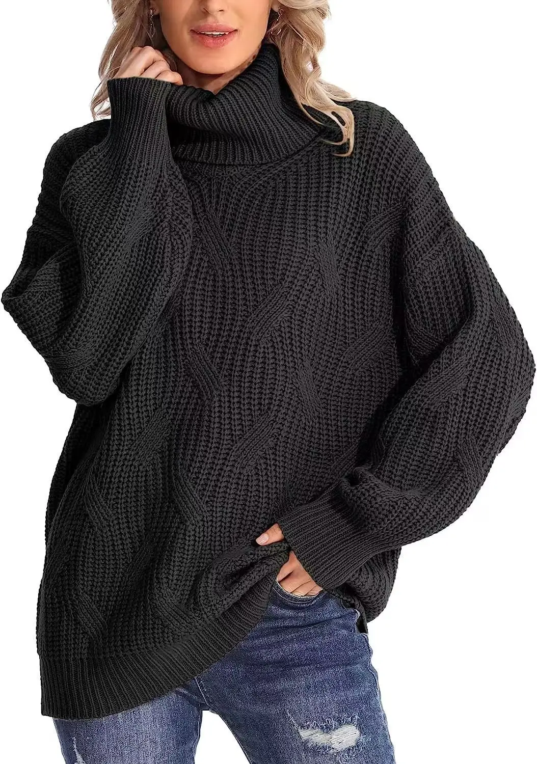 

Free shipping Loose High Neck Twisted Knitted Sweater Pullover Long Sleeves