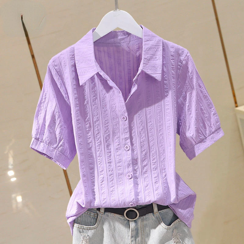 

Cotton Linen Women Shirts Summer Vintage 2022 Turn-Down Collar Short-Sleeved Slim Elegant Office Lady Outwear Coats Tops