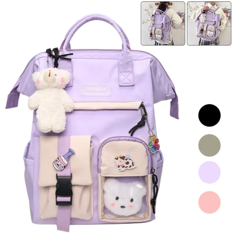 Nylon School Bag for Teenage Girl Travel Backpack Laptop With Kawaii Bear Pendant Waterproof Camping Rucksack