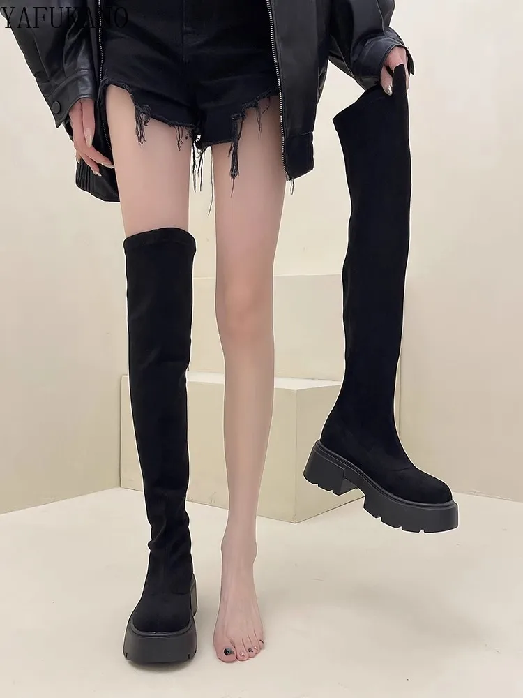 Сапоги женские замшевые на платформе повседневные эластичные сапоги выше колена