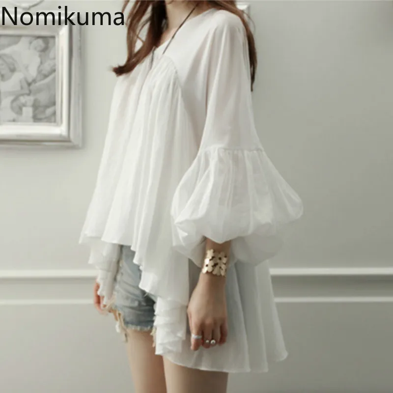 

Nomikuma Korean Style White Shirts Blusas V Neck Puff Sleeve Solid Color Irregular Chiffon Blouse Women Casual Loose Tops 3c973