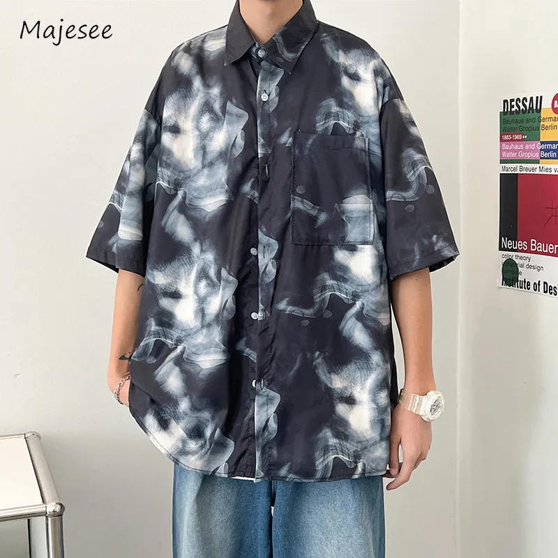 

Рубашки с принтом Мужские Мешковатые красивые летние универсальные Молодежные рубашки с полурукавами в японском стиле ретро хип-хоп минималистский Повседневный