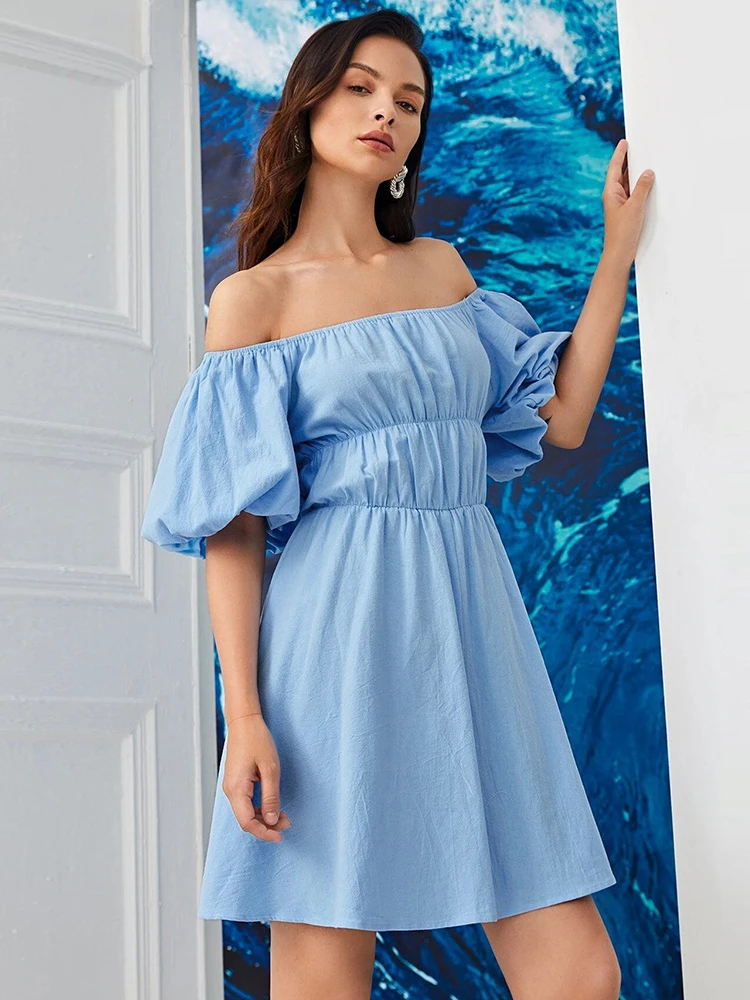 

Сексуальное летнее синее мини-платье Sumuyoo с воротником-лодочкой и коротким пышным рукавом, женское платье с высокой талией, свободные трапециевидные женские платья