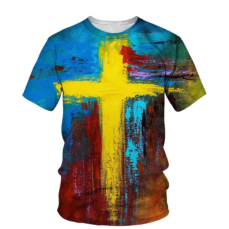 

3D Cross Print Men T-shirt Jesus 2021 Summer O Neck Short Sleeve Tees Tops Christian Style Male Clothes Fashion Casual T-shirts