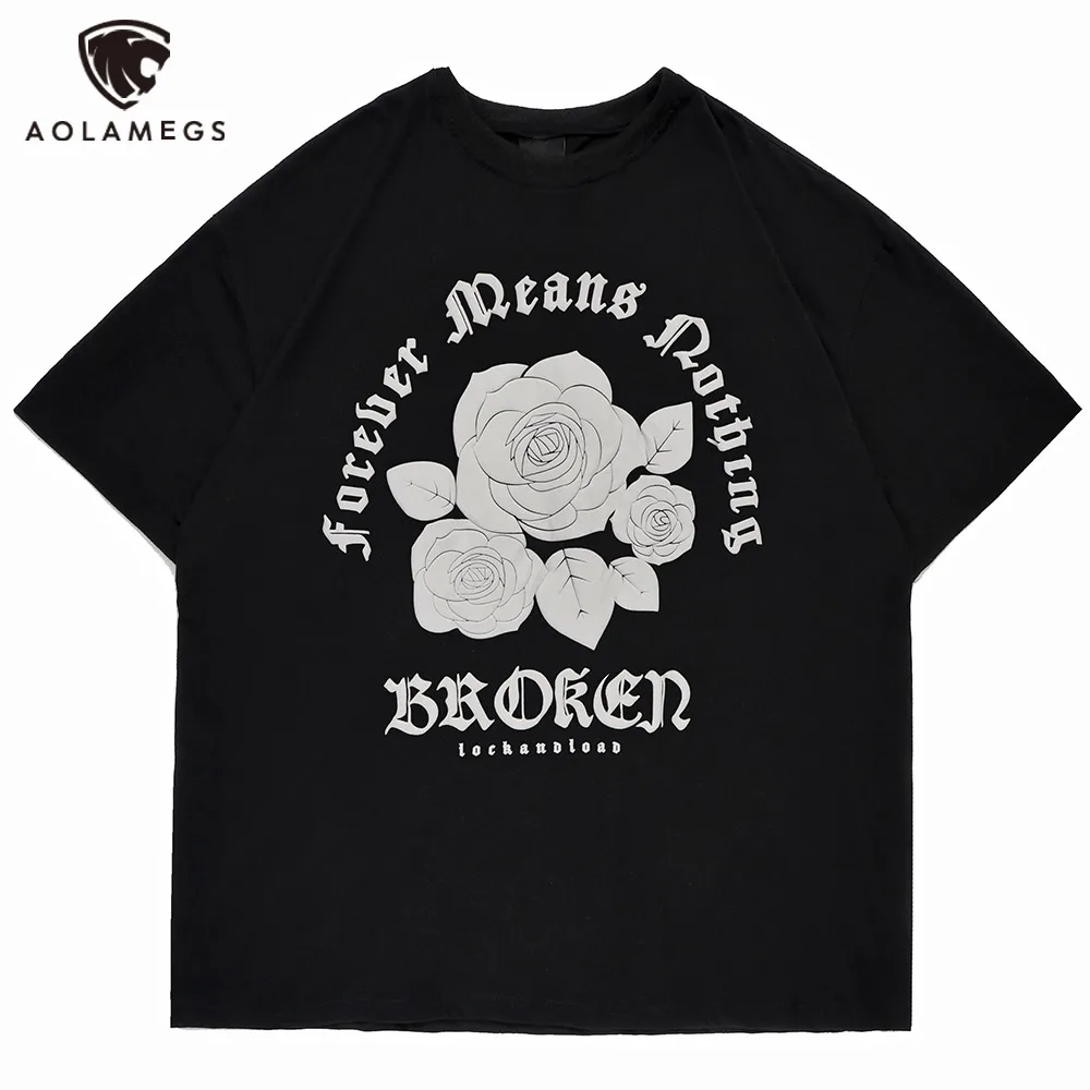 

Aolamegs Rose Flower Letter Print Oversized T-shirt Men Harajuku Hip Hop College Style O-Neck Tees Summer All-match Cotton Tops