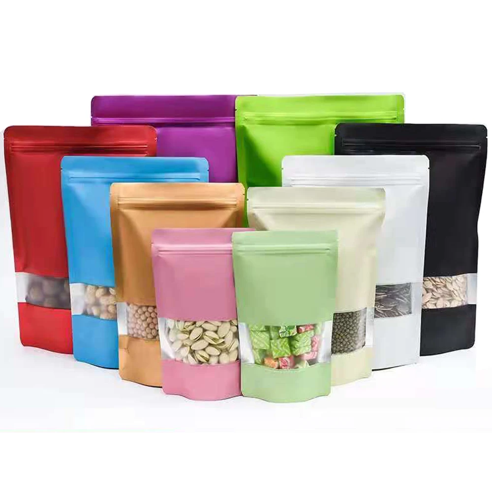 

100Pcs Colorful Aluminum Mylar Foil Zip Lock Stand Up Bag with Frosted Window Tear Notch Doypack Reusable Food Bean Tea Pouches