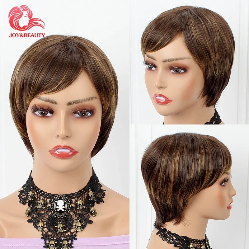 

JOY&BEAUTY Natural Short Black Brown Gray Wig for Woman Synthetic Wig with Bangs Straight Hair Replacement Wigs