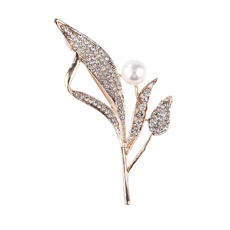 

TULX Rhinestone Feather Brooches For Women And Men Gold Color Leaf Plant Collar Pins Gift Winter Coat Accessories
