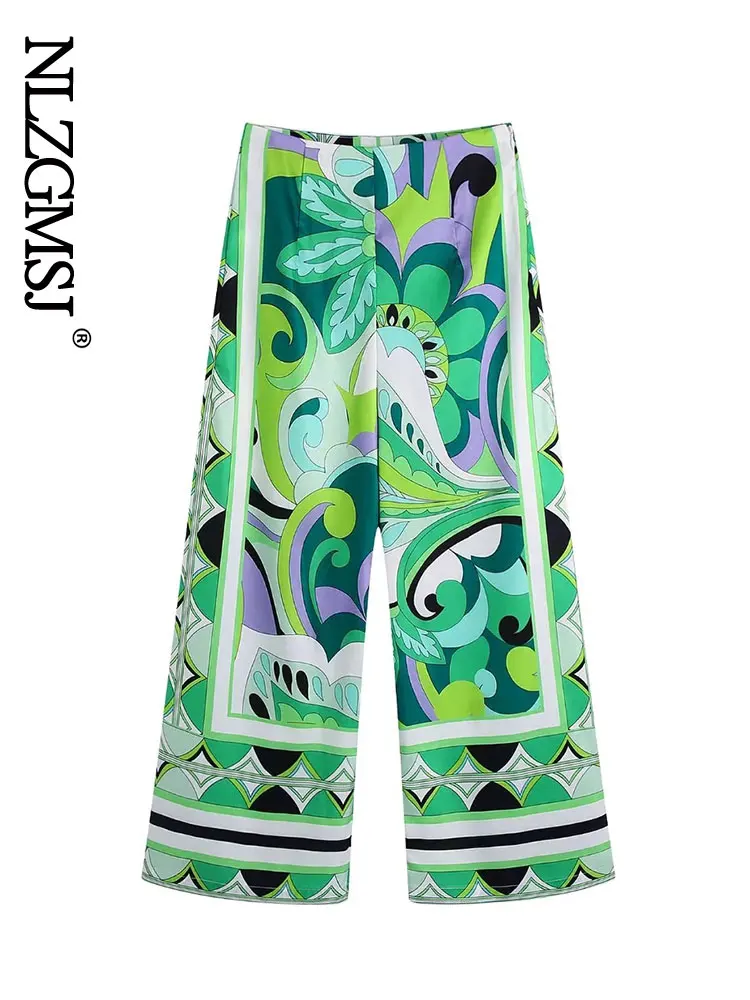 

Nlzgmsj 2022 Summer Spring Pant Women Casual Trousers Geometric Print Zipper Fly High Waist Loose Straight Pants 202204