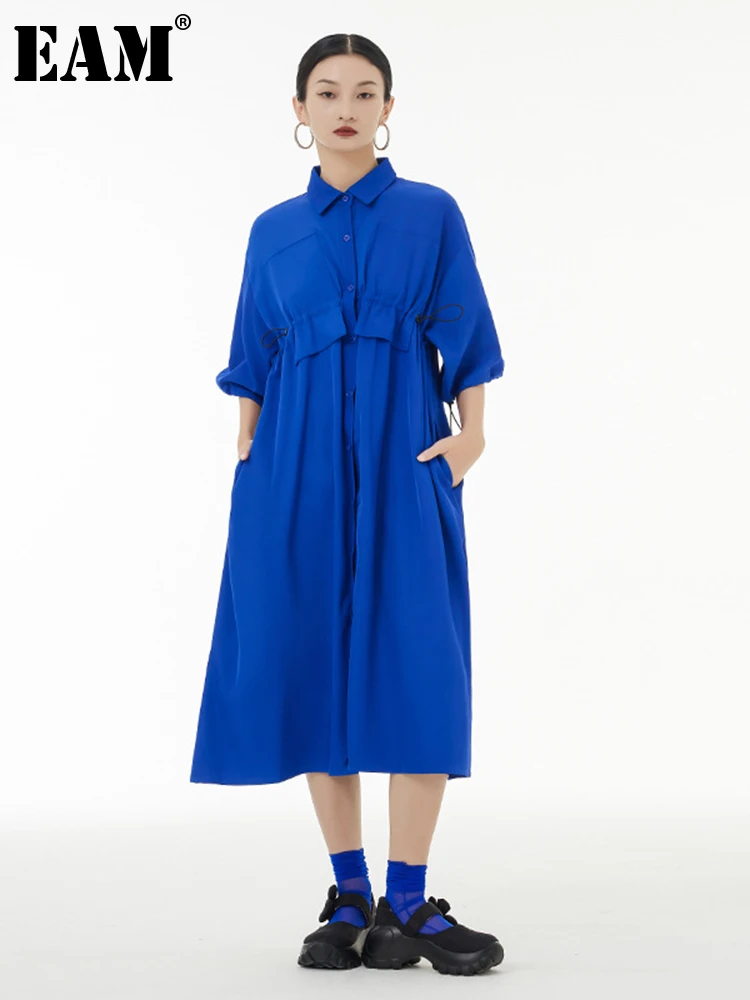 

[EAM] Women Blue Drawstring Big Size Long Shirt Dress New Round Neck Long Sleeve Loose Fit Fashion Spring Autumn 2023 1DF0172