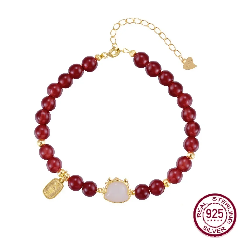 Женский браслет из серебра S925 пробы с бусинами и драконом