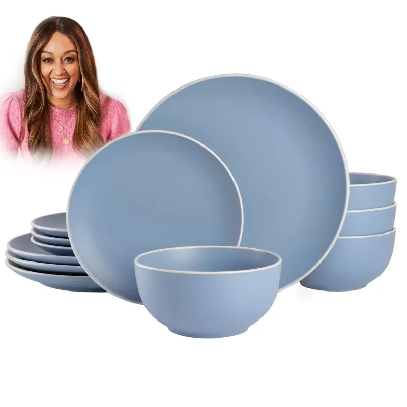 

- Creamy Tahini 12-Piece Blue Stoneware Dinnerware Set