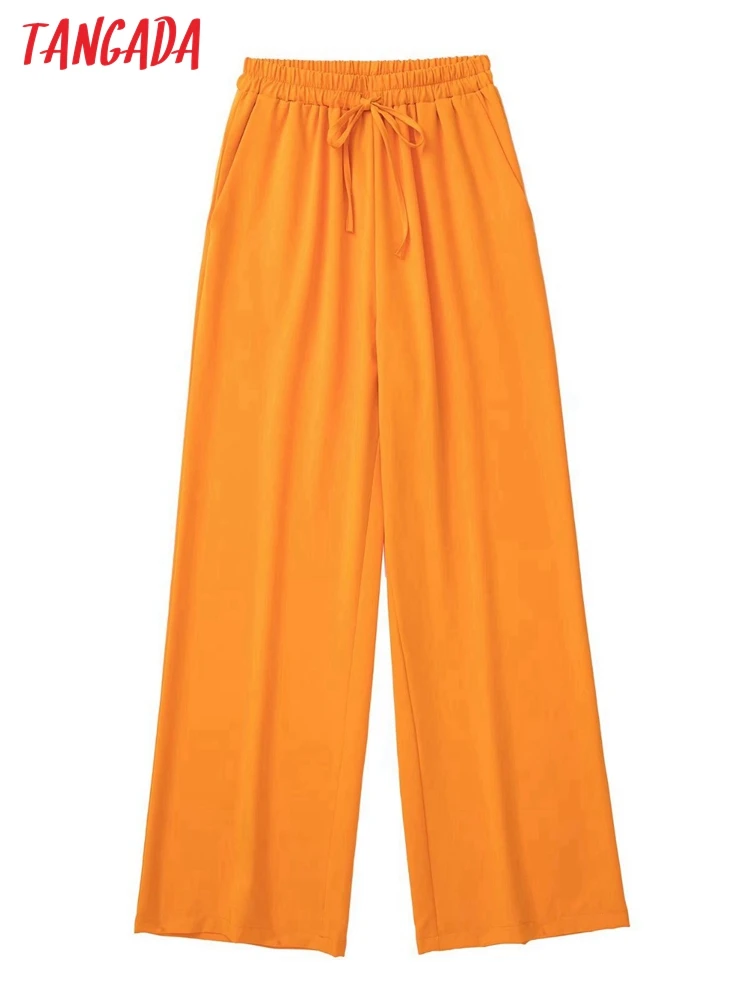 

Tangada Women Orange Pockets Straight Satin Pants Vintage High Elastic Waist with Drawstring Female Trousers Mujer 3H478