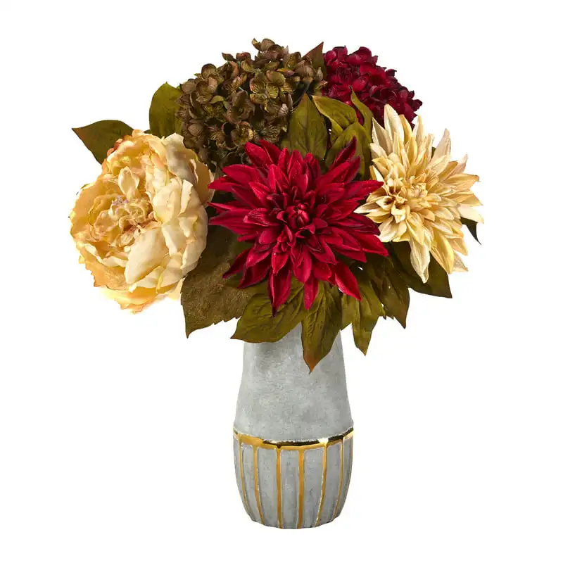 

17" Peony, Hydrangea and Dahlia Artificial Flower Arrangement in Vase, Multicolor Wedding Party Vase Home Autumn Decoration Fake