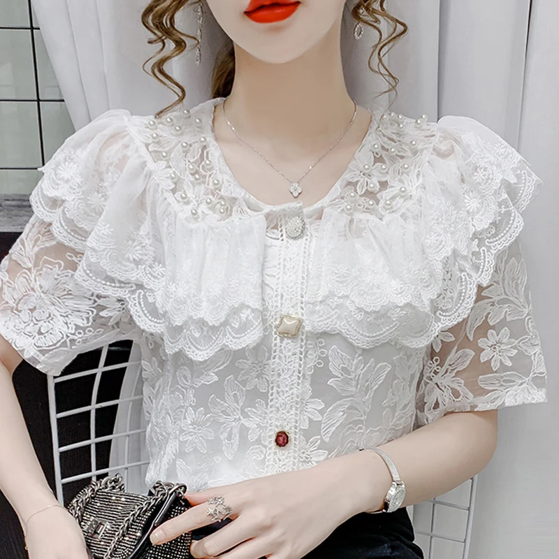 

XIAOMI Summer Short Sleeve Blouse Women Beading Ruffles White Lace Blouse Shirt Tops Women Blusas Mujer De Moda Blouses Shirts