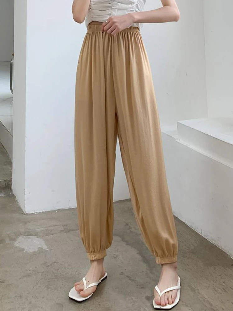 

2022 Summer Ice Silk Thin Women Harem Pant Casual Sportwear Pants Woman High Waist Ankle-length Trousers Female Cropped Pants